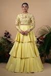 Buy_Blue Lotus Design_Yellow Raw Silk Lining Shantoon Embroidery Zardozi Round Blouse And Lehenga Set _at_Aza_Fashions