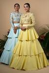 Shop_Blue Lotus Design_Yellow Raw Silk Lining Shantoon Embroidery Zardozi Round Blouse And Lehenga Set _at_Aza_Fashions