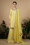 Buy_Blue Lotus Design_Yellow Dupion Silk Embroidered Bandhani Round Kurta Gharara Set _at_Aza_Fashions