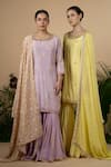 Blue Lotus Design_Yellow Dupion Silk Embroidered Bandhani Round Kurta Gharara Set _Online_at_Aza_Fashions