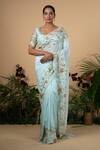 Buy_Blue Lotus Design_Blue Saree Cotton Silk Embroidered Zardozi Scoop Neck With Blouse _at_Aza_Fashions