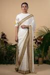 Buy_Blue Lotus Design_White Cotton Silk Embroidered Zardozi Crew Neck Saree With Blouse _at_Aza_Fashions