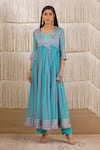 Shyam Narayan Prasad_Blue Modal Satin Printed Floral Round Angrakha Set _Online_at_Aza_Fashions