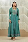 Shyam Narayan Prasad_Green Net, Dola Silk, Rayon Twill Floral, Zardozi Round Embroidered Anarkali Set _Online_at_Aza_Fashions