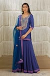 Buy_Shyam Narayan Prasad_Blue Net, Dola Silk, Flat Chiffon Floral, Zardozi U Neck Print Kurta Sharara Set _Online_at_Aza_Fashions