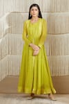 Shyam Narayan Prasad_Green Net, Georgette, Chanderi Brocade, Rayon Twill Floral, Zardozi Anarkali Set _Online_at_Aza_Fashions