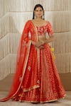 Buy_Shyam Narayan Prasad_Red Silk Woven Floral Leaf Neck Chanderi Brocade Lehenga Set _at_Aza_Fashions
