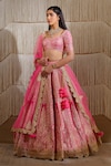 Buy_Shyam Narayan Prasad_Pink Raw Silk Embroidered Floral Leaf Neck Bridal Lehenga Set _Online_at_Aza_Fashions