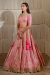 Shop_Shyam Narayan Prasad_Pink Raw Silk Embroidered Floral Leaf Neck Bridal Lehenga Set _Online_at_Aza_Fashions