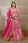 Buy_Shyam Narayan Prasad_Pink Raw Silk, Net Floral, Gota Work Leaf Neck Embroidered Bridal Lehenga Set _at_Aza_Fashions