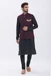 Buy_Manish Nagdeo_Maroon Bundi , Kurta And Churidar Silk Geometric & Set _at_Aza_Fashions