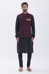 Manish Nagdeo_Maroon Bundi , Kurta And Churidar Silk Geometric & Set _Online_at_Aza_Fashions