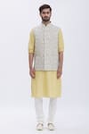 Shop_Aham-Vayam_Yellow Cotton Embroidered Floral Motifs Bundi And Kurta Set _Online_at_Aza_Fashions