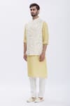 Shop_Aham-Vayam_Gold Cotton Embroidered Floral Motifs Nawaab Bundi And Kurta Set _Online_at_Aza_Fashions