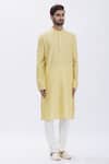 Aham-Vayam_Gold Silk Blend Plain Kurta And Pyjama Set _Online_at_Aza_Fashions