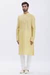 Shop_Aham-Vayam_Gold Silk Blend Plain Kurta And Pyjama Set _Online_at_Aza_Fashions