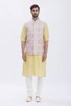 Buy_Aham-Vayam_Gold Cotton Silk Blend Eden Embroidered Bundi And Kurta Set_Online_at_Aza_Fashions