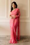 Buy_Paulmi And Harsh_Pink Georgette Chintz One Shoulder Printed Pre-draped Saree With Blouse_at_Aza_Fashions