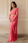 Paulmi And Harsh_Pink Georgette Chintz One Shoulder Printed Pre-draped Saree With Blouse_Online_at_Aza_Fashions