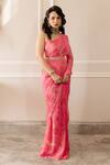 Buy_Paulmi And Harsh_Pink Georgette Chintz One Shoulder Printed Pre-draped Saree With Blouse_Online_at_Aza_Fashions