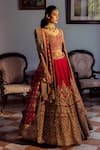 Shop_Angad Singh_Maroon Lehenga And Blouse- Raw Silk Embroidered Floral V Neck Bridal Set _at_Aza_Fashions