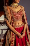 Angad Singh_Maroon Lehenga And Blouse- Raw Silk Embroidered Floral V Neck Bridal Set _Online_at_Aza_Fashions