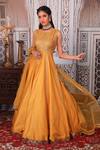 Buy_Esha Koul_Yellow Organza, Chanderi, Semi-crepe Sequin Work Round Anarkali With Dupatta_at_Aza_Fashions