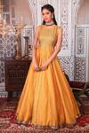Shop_Esha Koul_Yellow Organza, Chanderi, Semi-crepe Sequin Work Round Anarkali With Dupatta_at_Aza_Fashions