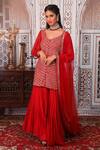 Buy_Esha Koul_Red Net, Georgette, Semi-crepe Gota, Sequin Work V Embellished Kurta Sharara Set_at_Aza_Fashions