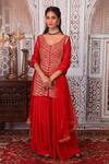 Shop_Esha Koul_Red Net, Georgette, Semi-crepe Gota, Sequin Work V Embellished Kurta Sharara Set_at_Aza_Fashions