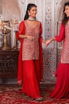 Esha Koul_Red Net, Georgette, Semi-crepe Gota, Sequin Work V Embellished Kurta Sharara Set_Online_at_Aza_Fashions