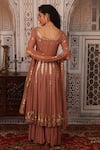 Shop_Esha Koul_Peach Net, Georgette, Semi-crepe Gota, Sequin Work Leaf Embellished Anarkali Set _at_Aza_Fashions