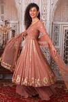 Esha Koul_Peach Net, Georgette, Semi-crepe Gota, Sequin Work Leaf Embellished Anarkali Set _Online_at_Aza_Fashions