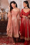 Buy_Esha Koul_Peach Net, Georgette, Semi-crepe Gota, Sequin Work Leaf Embellished Anarkali Set _Online_at_Aza_Fashions