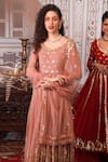 Shop_Esha Koul_Peach Net, Georgette, Semi-crepe Gota, Sequin Work Leaf Embellished Anarkali Set _Online_at_Aza_Fashions