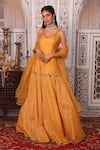 Buy_Esha Koul_Yellow Chanderi Embellished Gota Leaf Neck Kurta Lehenga Set _at_Aza_Fashions