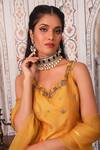 Esha Koul_Yellow Chanderi Embellished Gota Leaf Neck Kurta Lehenga Set _at_Aza_Fashions