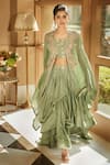 Matsya_Green Silk Resham Aari Blouse Scoop Aurora Dhoti Set With Cape _Online_at_Aza_Fashions