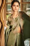 Buy_Matsya_Green Silk Resham Aari Blouse Scoop Aurora Dhoti Set With Cape _Online_at_Aza_Fashions