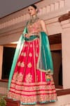 House of Dasmaya_Pink Raw Silk Embroidered Resham V Neck Bridal Lehenga Set  _Online_at_Aza_Fashions