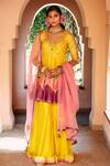 Buy_House of Dasmaya_Yellow Silk Chanderi Embroidered Color Block Anarkali Sharara Set _at_Aza_Fashions