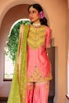 Shop_House of Dasmaya_Pink Silk Chanderi Embroidered Zardozi Crew Neck Kurta Gharara Set _Online_at_Aza_Fashions