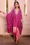 Buy_House of Dasmaya_Purple Silk Embroidered Resham Notched Kaftan With Dhoti Pant Set _at_Aza_Fashions