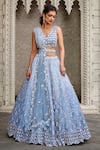 Shop_Nitika Gujral_Blue Organza Embroidered Thread V Neck Lehenga Set For Women_Online_at_Aza_Fashions