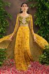 Buy_Adi By Aditya Khandelwl_Yellow Georgette And Raw Silk Floral Printed, Gota Cape Top With Palazzo Pants _at_Aza_Fashions