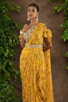 Buy_Adi By Aditya Khandelwl_Yellow Georgette And Raw Silk Printed & Pre-draped Saree With Blouse _Online_at_Aza_Fashions