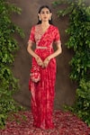 Buy_Adi By Aditya Khandelwl_Red Saree Georgette Blouse Raw Silk Printed Pre-draped With Embroidered _at_Aza_Fashions