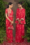 Buy_Adi By Aditya Khandelwl_Red Saree Georgette Blouse Raw Silk Printed Pre-draped With Embroidered _Online_at_Aza_Fashions