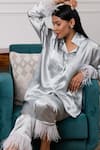 Rhe-Ana_Silver Satin Collared Neck Shirt And Pant Set  _Online_at_Aza_Fashions