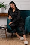 Shop_Rhe-Ana_Black Satin Lace Work Robe And Pant Set _at_Aza_Fashions